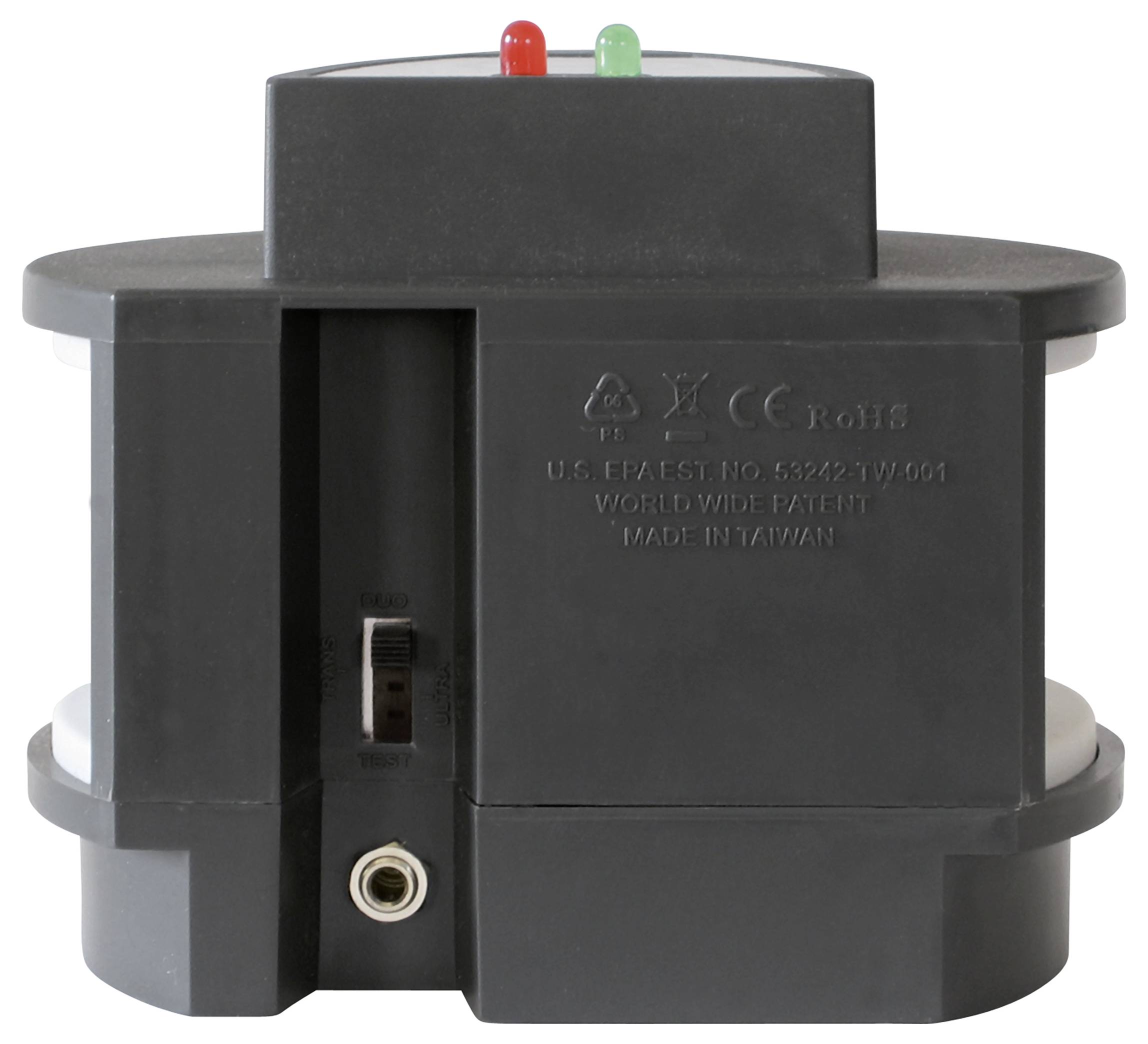 Ein schwarzes elektrisches Gerät mit zwei LED-Leuchten oben, eine rote und eine grüne. Eine Buchse und ein Schalter sind unten sichtbar.