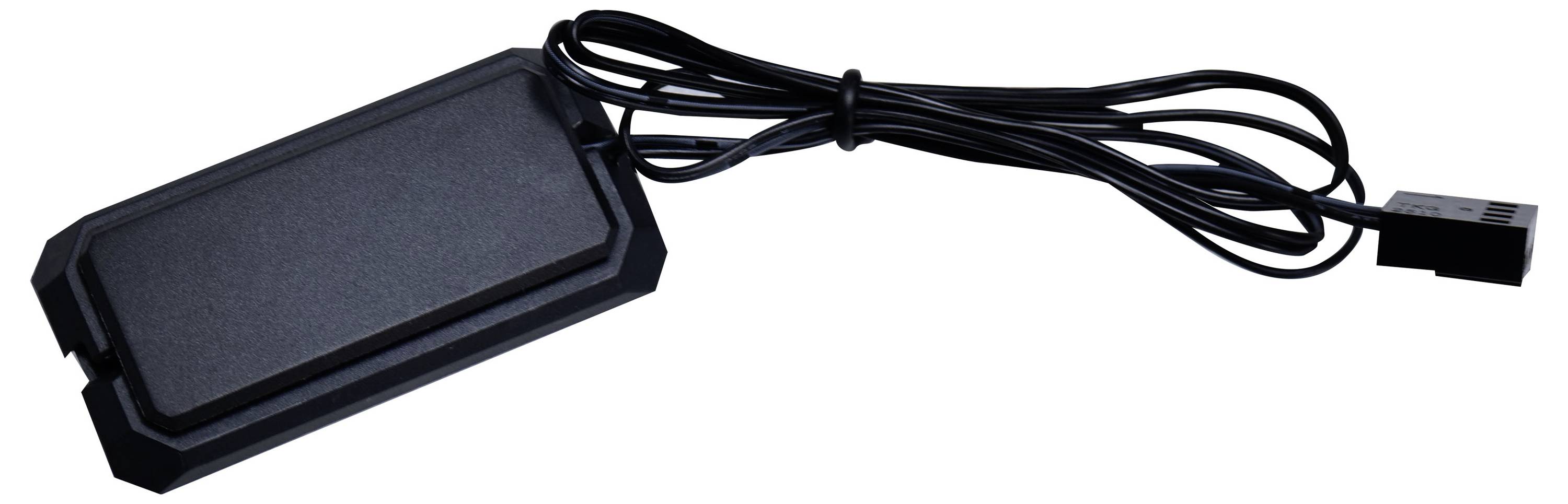 Ein rechteckiger Sensor mit schwarzem Kabel und Stecker, möglicherweise für die elektronische Überwachung oder Verbindung konzipiert.