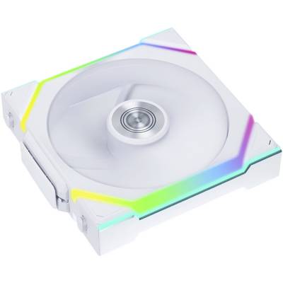 Ein weißer Computergehäuselüfter mit leuchtenden RGB-LEDs in verschiedenen Farben an den Rändern.