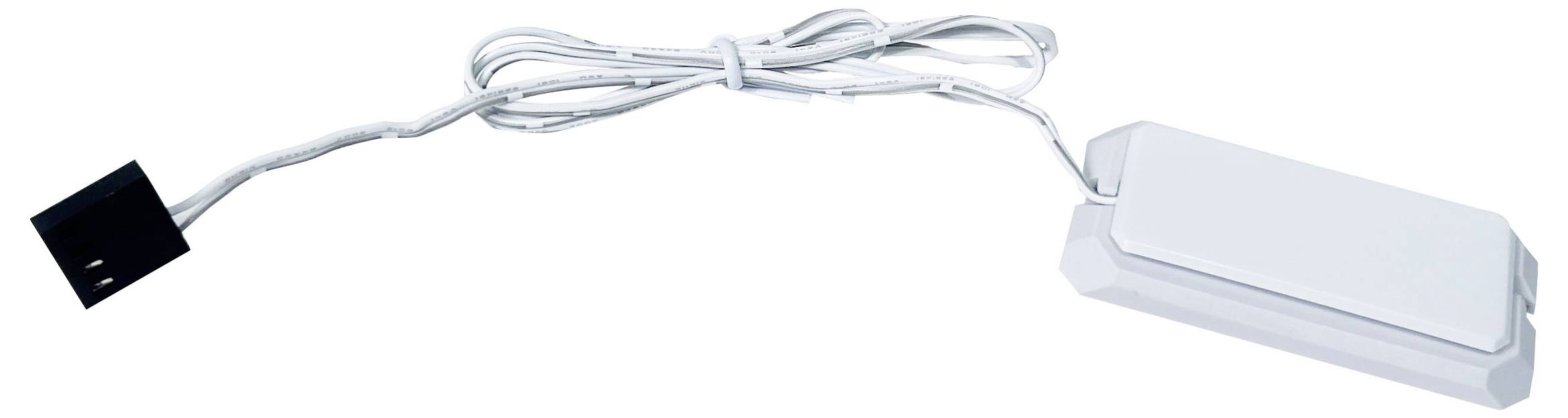 Ein weißer kabelgebundener Sensor mit rechteckiger Basis und Stecker, geeignet für elektronische Anwendungen oder Überwachungen.