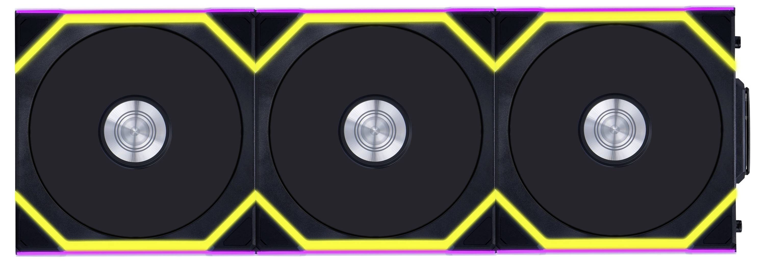 'Grafikkarte mit drei großen Lüftern und leuchtenden gelben und rosa Akzenten, für leistungsstarke Gaming- oder Grafikaufgaben geeignet.'