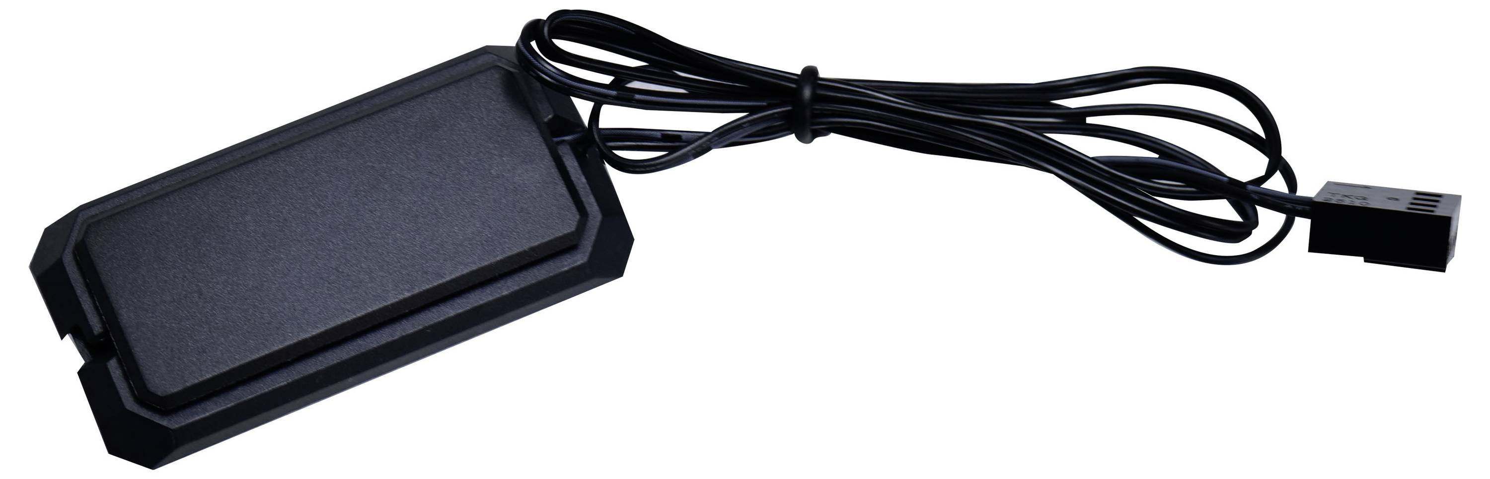 Ein rechteckiger schwarzer Temperatursensor mit Kabelanschluss, geeignet für Computer oder elektronische Geräteüberwachung.