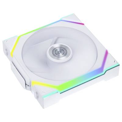 Ein weißer Computerlüfter mit RGB-Beleuchtung an den Kanten, der für Luftkühlung in einem PC-Gehäuse verwendet wird.