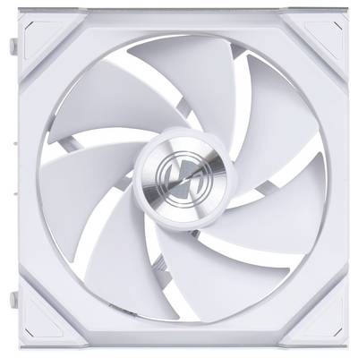 Ein weißer Computerlüfter mit sieben Flügeln in einem quadratischen Rahmen, zeigt ein stilisiertes Logo in der Mitte.