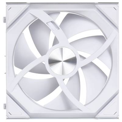 Ein weißer Computer-Lüfter mit einem runden Metallmittelstück und mehreren gebogenen Lüfterblättern in einem quadratischen Rahmen.