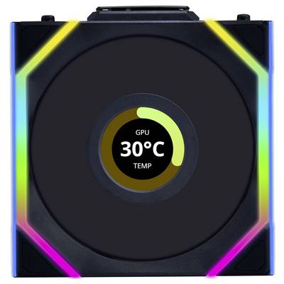Ein Bildschirm zeigt die GPU-Temperatur als 30°C an, umgeben von einem kreisförmigen Diagramm und einem beleuchteten Rahmen.