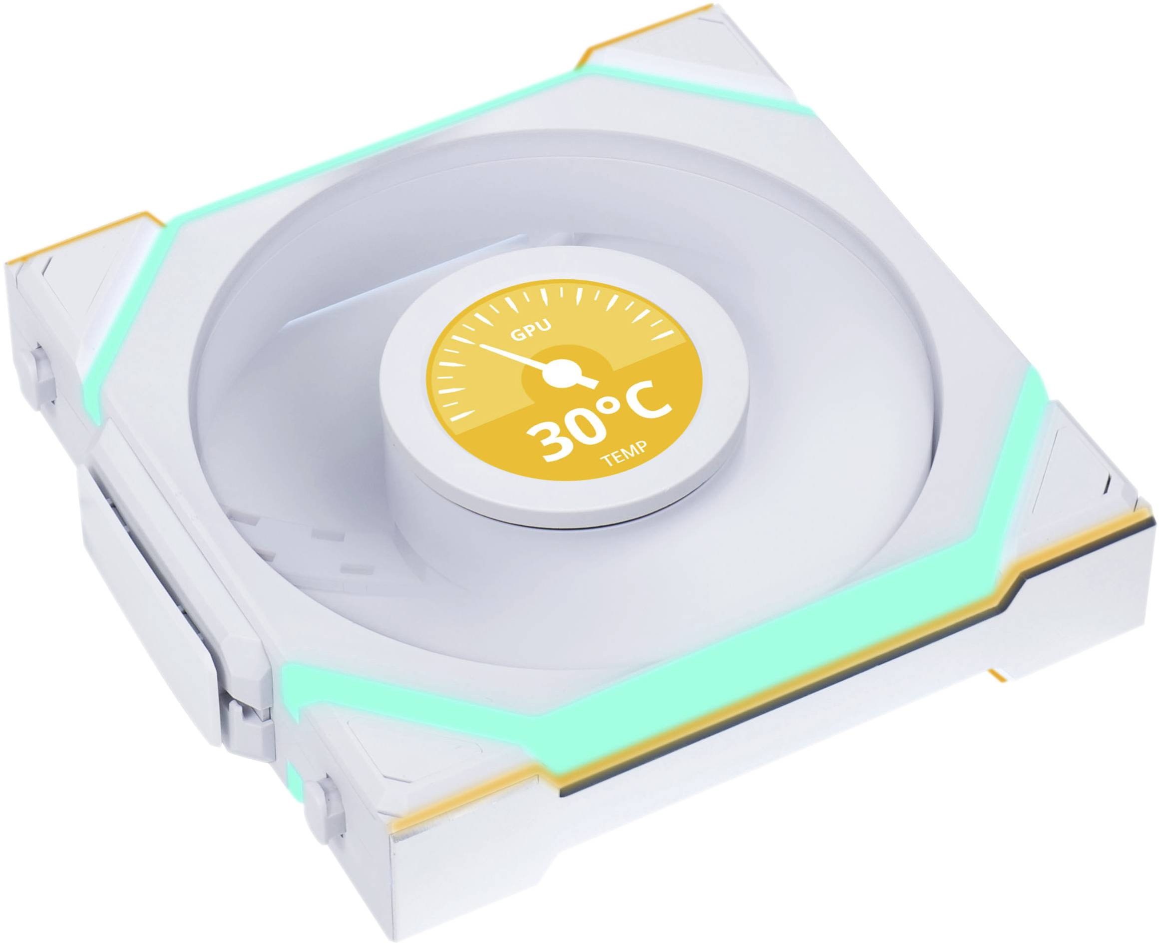 Ein weißer Computerlüfter mit blauen Akzenten zeigt auf einem Monitor eine GPU-Temperatur von 30°C an.