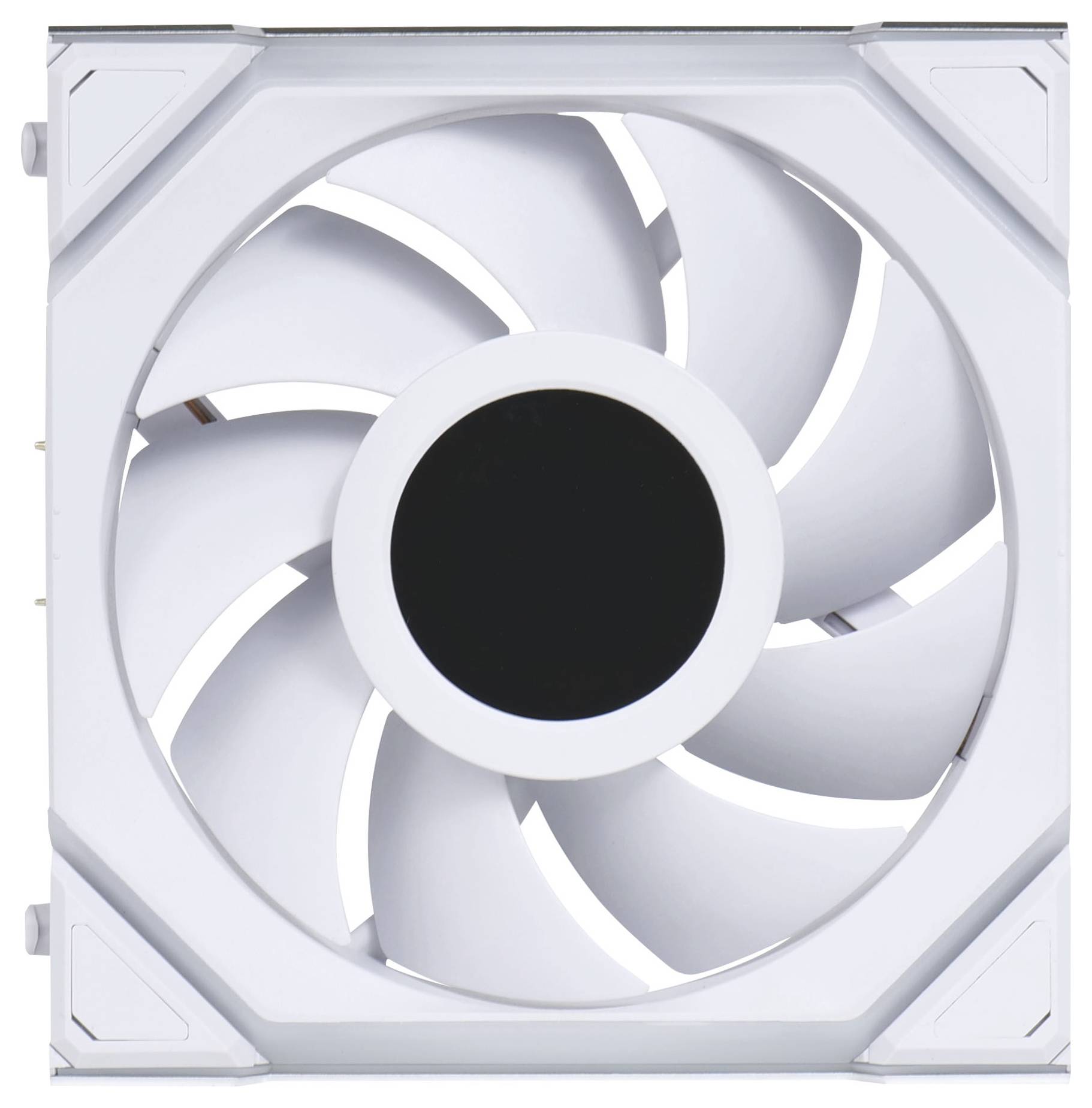 Ein weißer Ventilator mit neun Flügeln, quadratischem Rahmen und schwarzer Mitte, geeignet zur Kühlung in Computern oder Geräten.