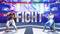 Ein Videospiel-Kampfszene mit zwei kämpfenden Charakteren auf einer Bühne. Großes 'FIGHT' im Zentrum signalisiert den Start des Kampfes.