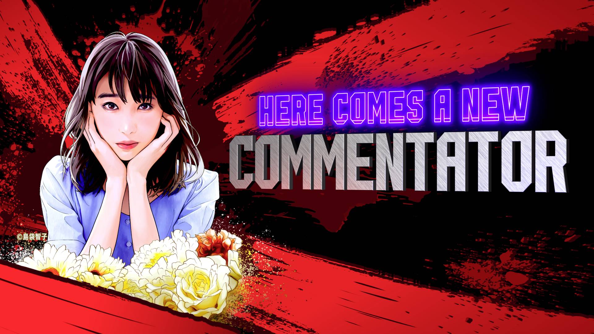 Eine stilisierte Illustration einer Person mit Blumen und dem Text 'Here comes a new commentator' auf einem roten, künstlerischen Hintergrund.