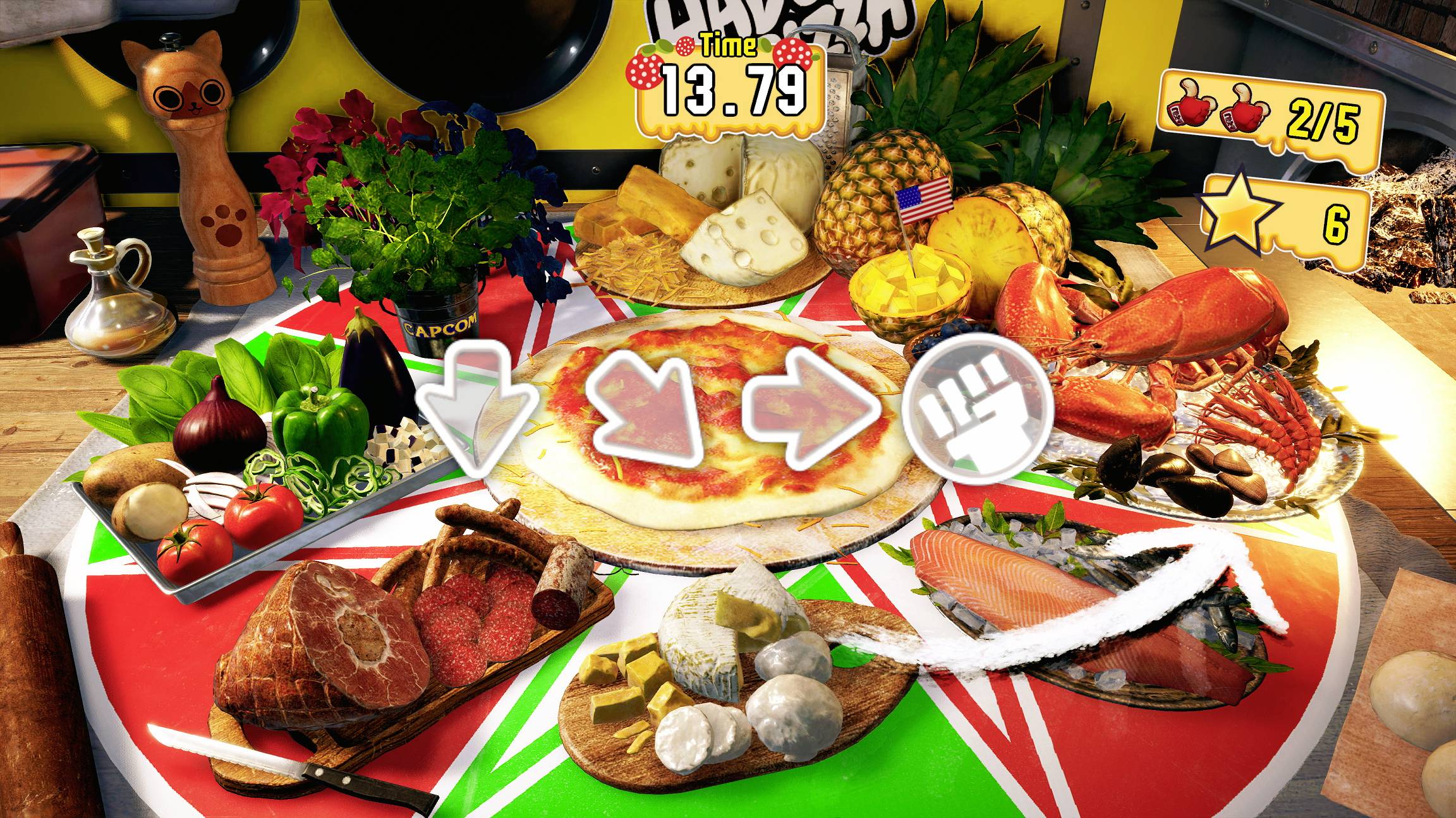 Ein kulinarisches Spiel zeigt eine Pizza in der Mitte mit Zutaten, die gewählt werden können, wie Meeresfrüchte, Obst und Gemüse. Punkteanzeige oben.