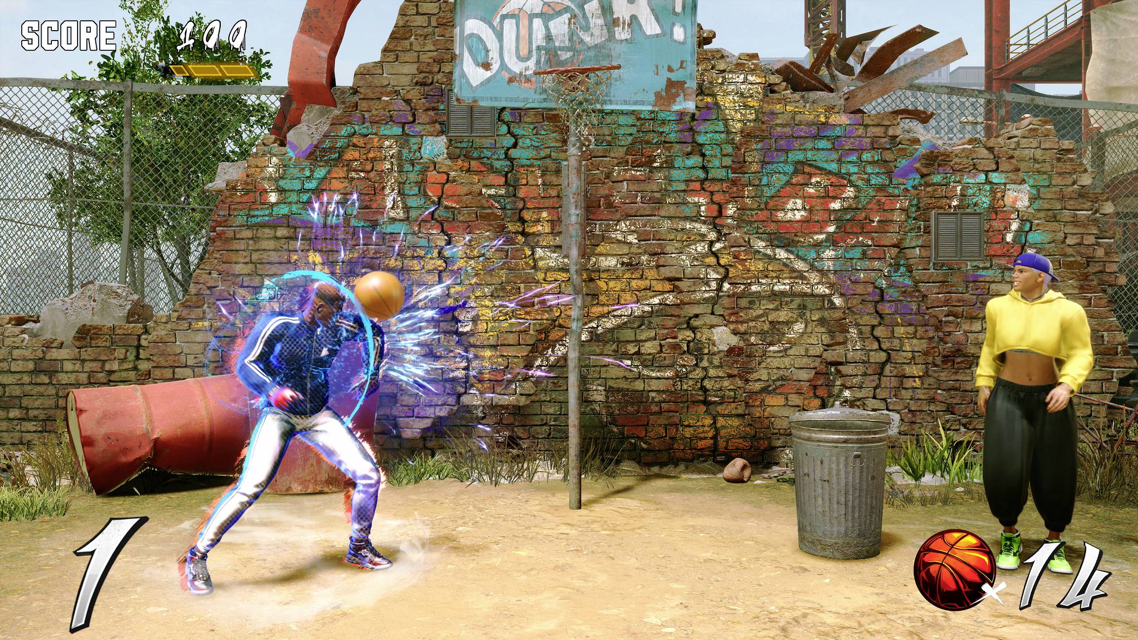 Ein Basketballspiel in urbaner Umgebung mit zwei Spielern. Einer dribbelt den Ball mit leuchtenden Effekten, der andere schaut zu. Graffiti an einer Ziegelwand im Hintergrund.