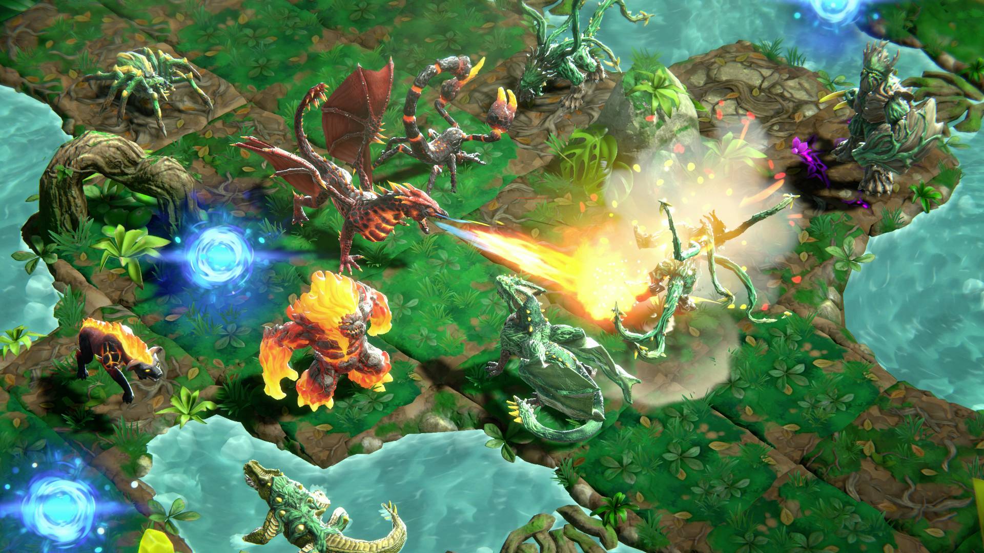 Ein mystisches Brettspiel mit Drachen und Kreaturen auf einer Landschaft, die aus grünen Flächen und Wasser bestehend ist.