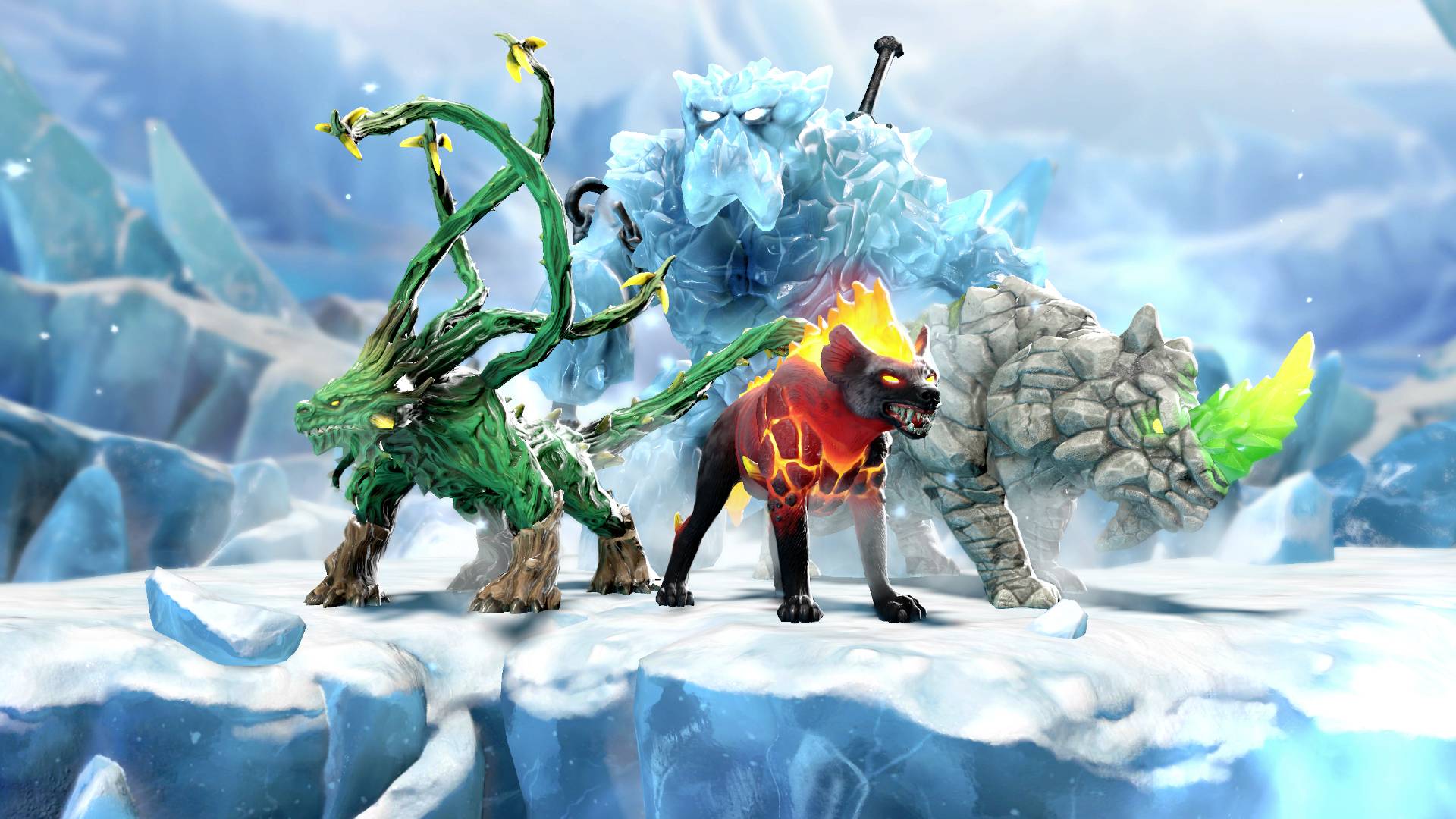 Vier fantasievolle Kreaturen auf einer Eislandschaft: ein grüner Baumtier, ein eisiges Monster, ein feuerspeiende Katze und ein steinernes Tier.