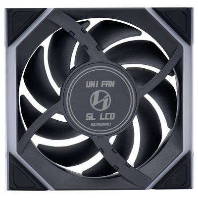 Ein quadratischer Gehäuselüfter mit einem rotierenden schwarzen Ventilator. Auf der zentralen Abdeckung steht 'UNI FAN SL LCD'.