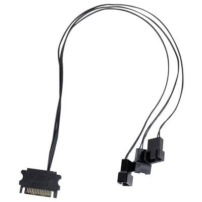 Ein Kabel mit einem SATA-Stromanschluss auf einer Seite und drei kleinen schwarzen Anschlüssen auf der anderen Seite, wahrscheinlich für Adapterzwecke.