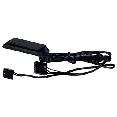 Ein schwarzes, langes Kabel mit zwei Steckverbindern und einem rechteckigen Kunststoffteil. Es scheint ein USB-Anschluss-Kabel zu sein.