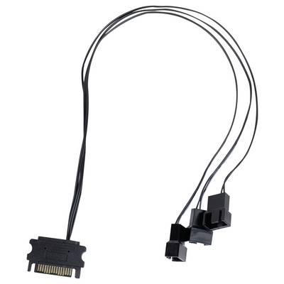 Ein SATA-Netzstecker mit mehreren Kabeln, die zu drei kleinen schwarzen Steckverbindern führen, verwendet für den Anschluss von Computerkomponenten.