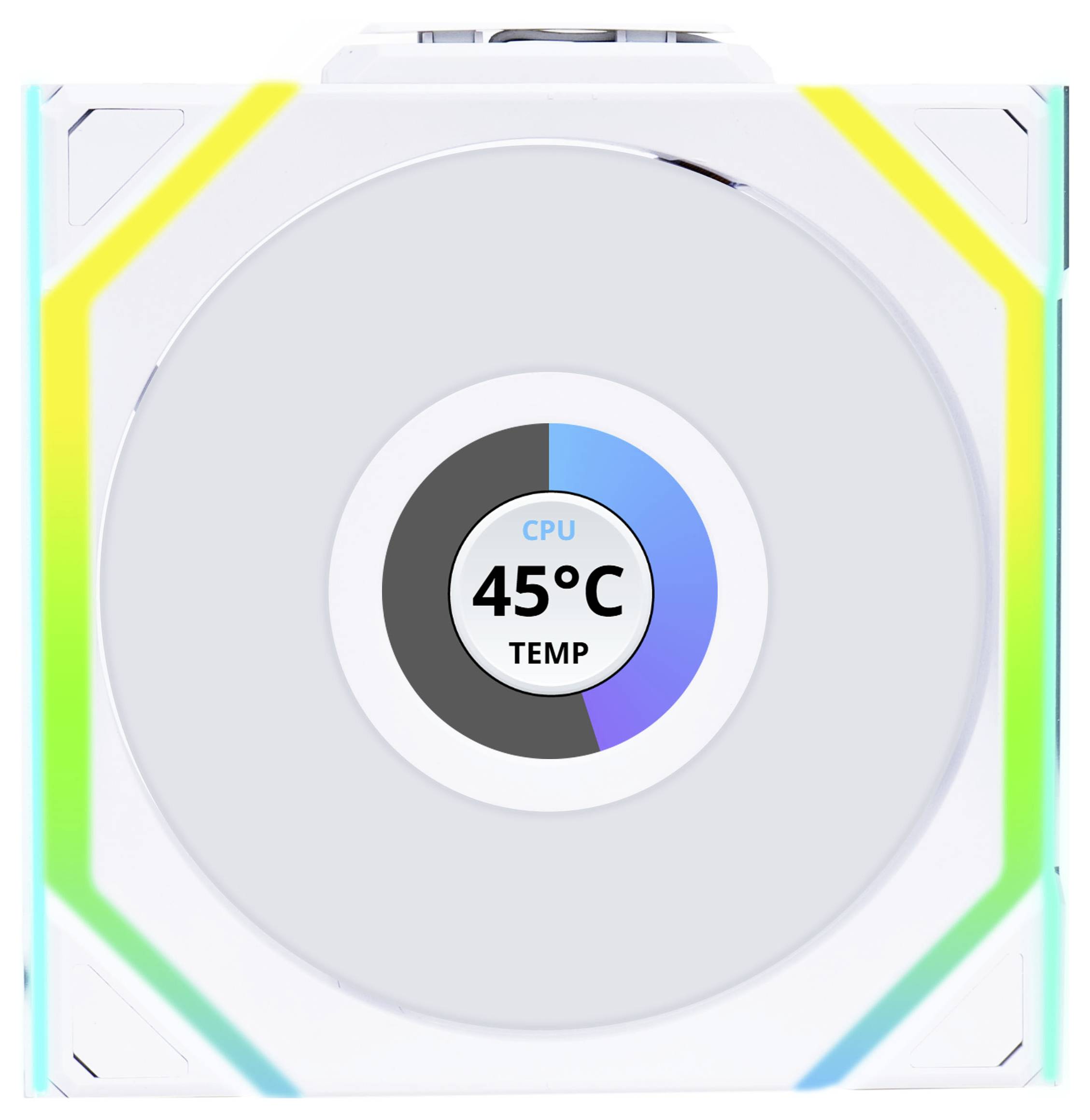 Ein digitaler Kreisdiagramm-Monitor zeigt die CPU-Temperatur bei 45 Grad Celsius an. Das Design ist futuristisch mit leuchtenden Farben.
