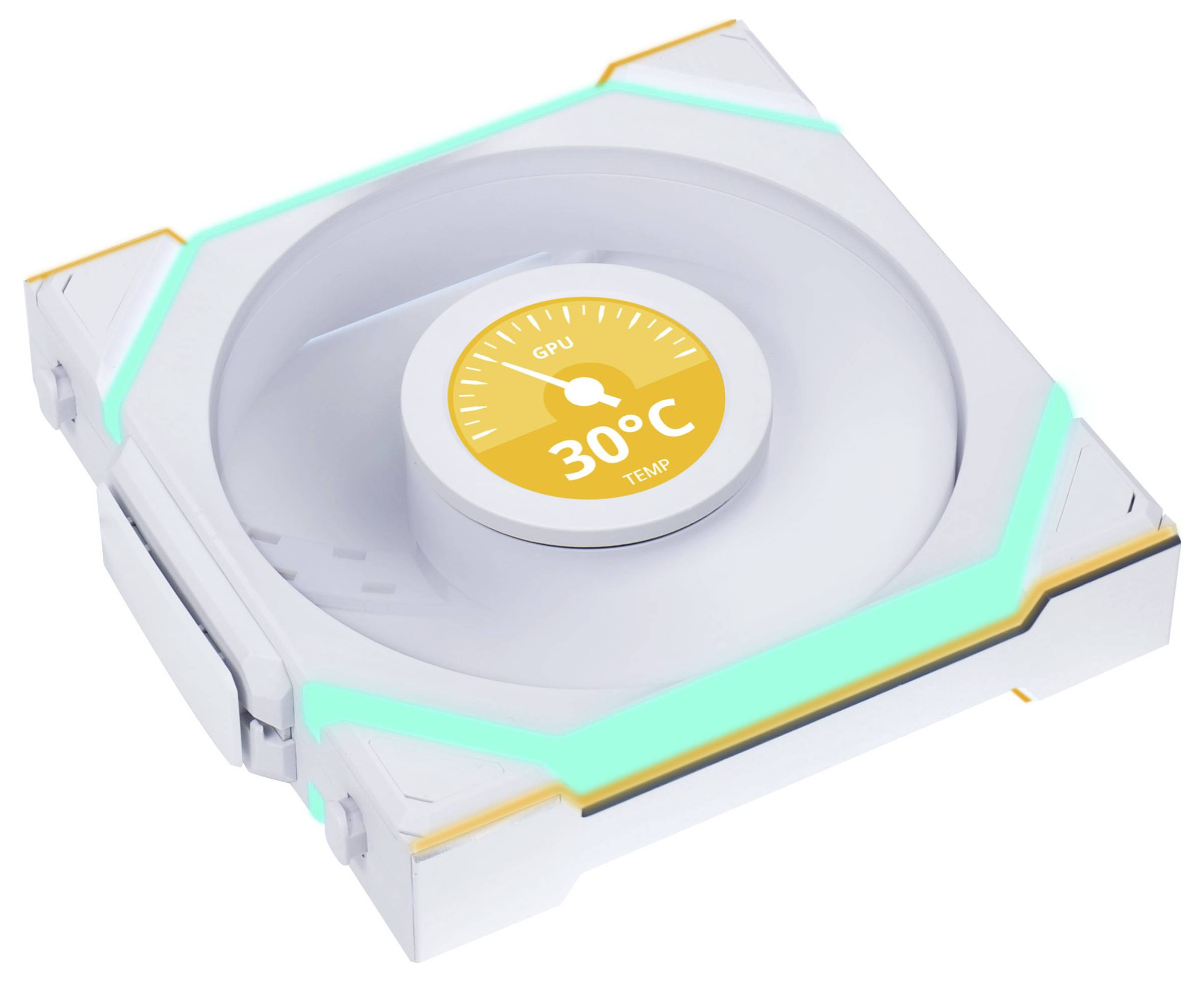 Eine weiße GPU-Temperaturanzeige zeigt '30°C', umrahmt von blauem und gelbem Licht, symbolisiert niedrige Betriebstemperatur.