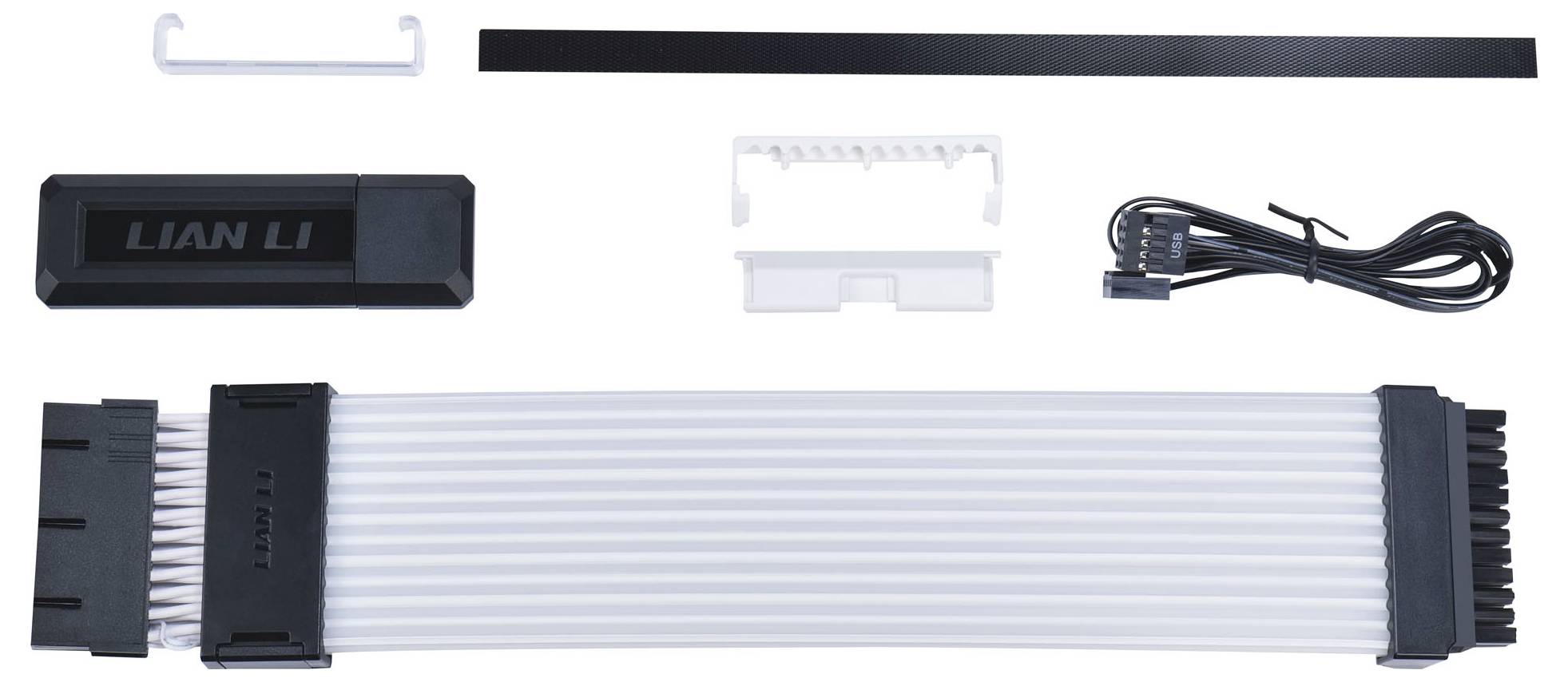 PC-Zubehör-Kit mit weißen Kabeln, schwarzem Kabelhalter, weitem Flachkabel, schwarzem Adapter und Kunststoffhalterung.