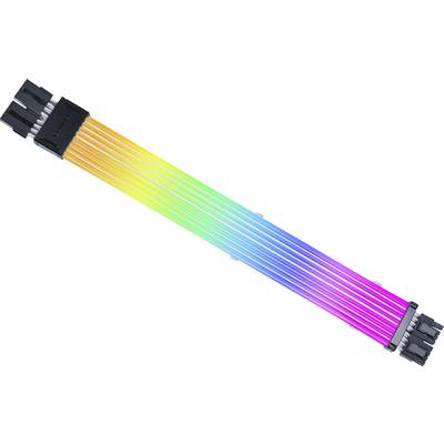 Ein Verlängerungskabel mit mehrfarbigen, parallel verlaufenden Leitungen in Regenbogenfarben und schwarzen Steckverbindern an beiden Enden.