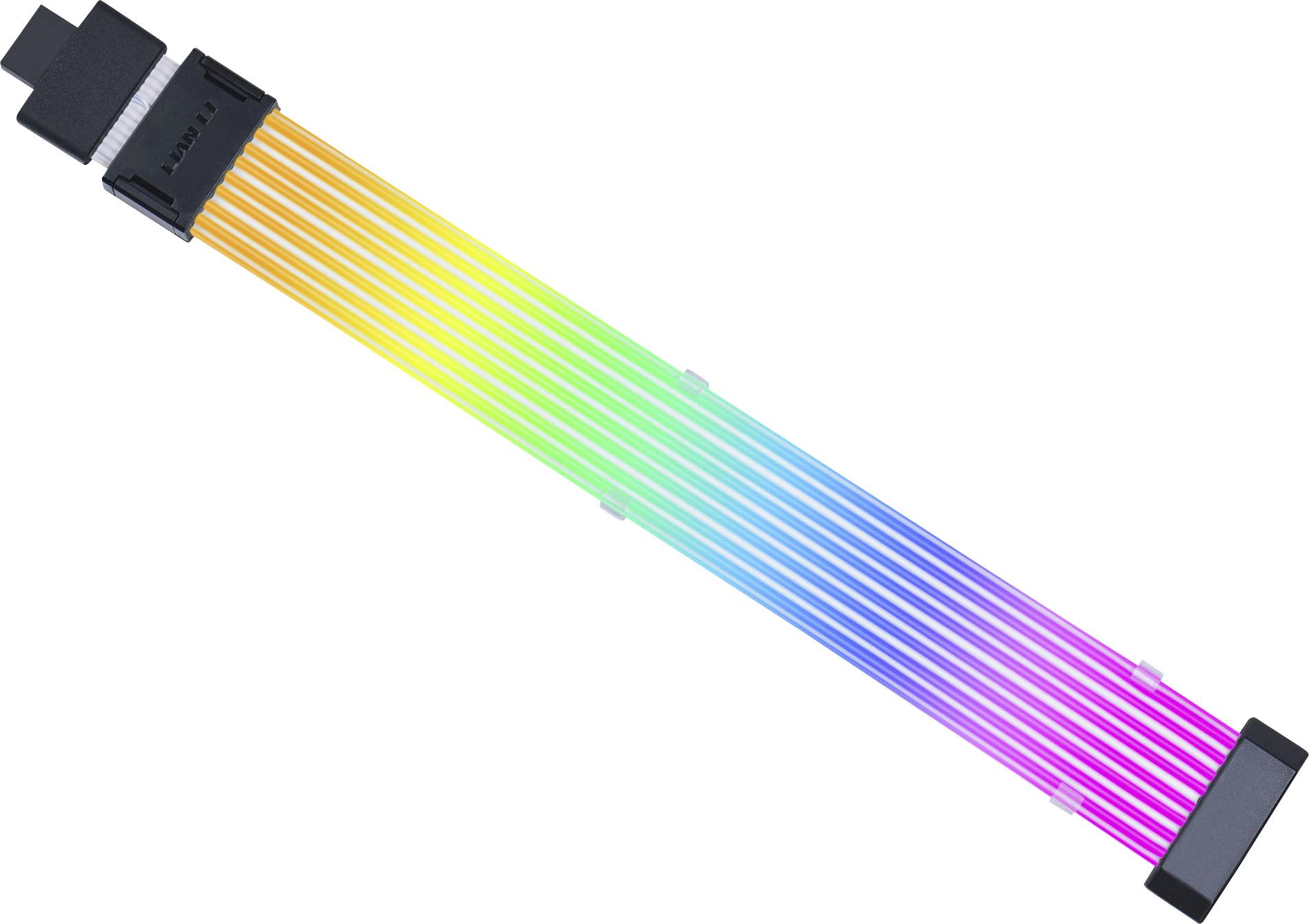 'Ein leuchtendes, mehrfarbiges Kabel mit Anschlusssteckern an beiden Enden.'