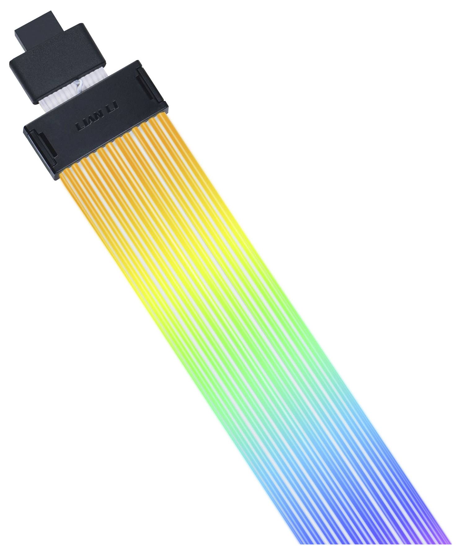 Ein mehrfarbiges Flachbandkabel mit Regenbogenstreifen, das an einen schwarzen Steckverbinder angeschlossen ist.