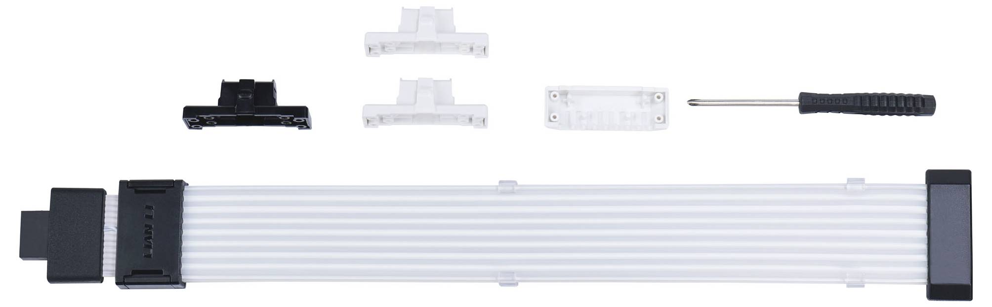 Eine LED-Leuchte mit Montagezubehör und Schraubendreher, auf weißem Hintergrund angeordnet, zur Veranschaulichung von Bauteilen.