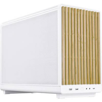 Ein weißes Computergehäuse mit Holzlamellen an der Vorderseite. Enthält Belüftungsgitter und zwei USB-Anschlüsse an der Unterseite.