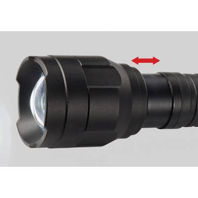 Schwarze Taschenlampe mit rotem Doppelpfeil zeigt Schiebebewegung für Fokusverstellung.
