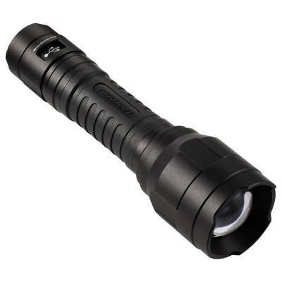 Schwarze LED-Taschenlampe mit geriffeltem Griff und breitem Leuchtkopf, geeignet für Outdoor-Aktivitäten und Notbeleuchtung.