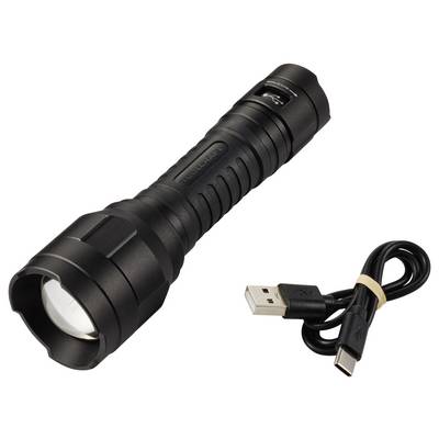 Eine schwarze Taschenlampe mit einem strukturierten Griff liegt neben einem USB-Ladekabel.