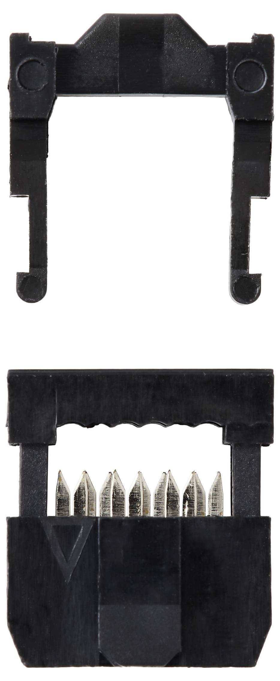 Eine schwarze Kunststoffkomponente mit zwei Abschnitten: ein abnehmbarer Clip und eine Basis, die mehrere Metallstifte zur elektronischen Verbindung enthält.