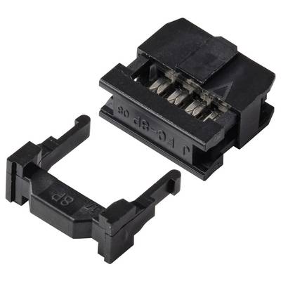 Ein schwarzer Plastik-Ethernet-Steckerclip mit separatem Verriegelungsmechanismus, der Metallkontakte zeigt.
