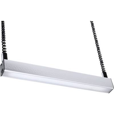 Hängende LED-Leuchte mit silbernem Gehäuse und schwarzen Spiralkabeln, die sie an der Decke befestigen.