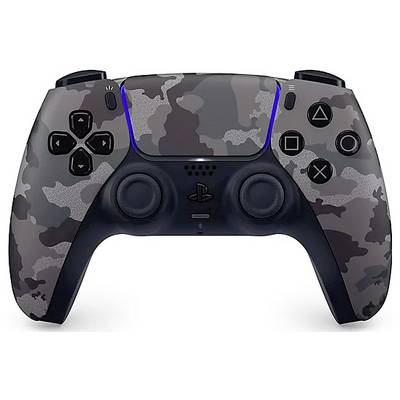 Dunkler Videospiel-Controller mit Tarnmuster, blauen LED-Leuchten und markanten Symboltasten.