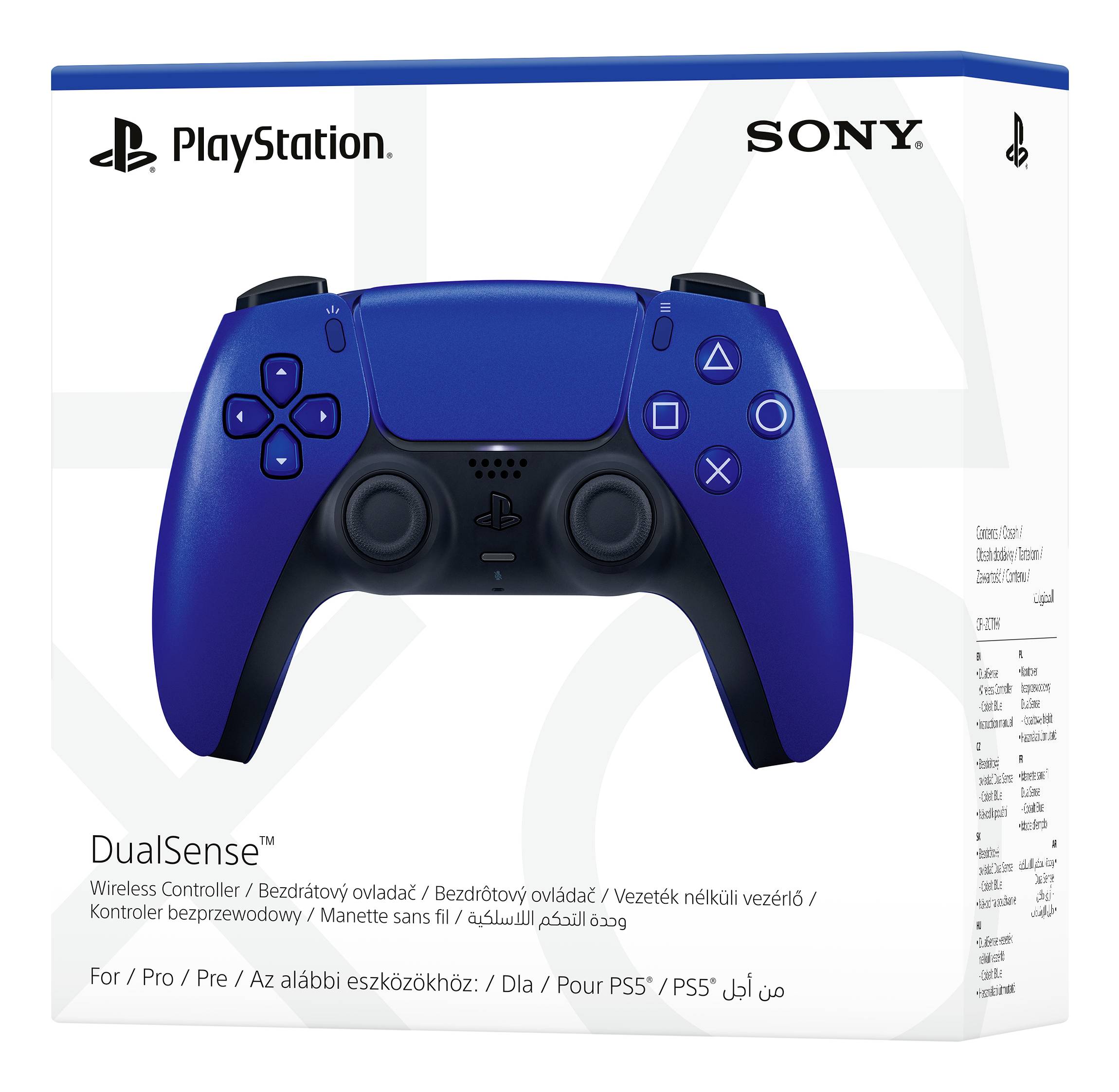 Blauer PlayStation DualSense-Controller in Originalverpackung, Markenlogos sichtbar. Verpackungstext beschreibt Kompatibilität und Funktionen.