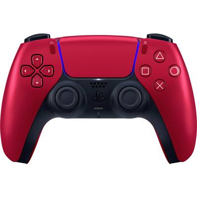 Ein roter Spielcontroller mit klassischen Steuerungsknöpfen wie Kreis, Kreuz, Quadrat und Dreieck, sowie zwei Joysticks im Vordergrund.