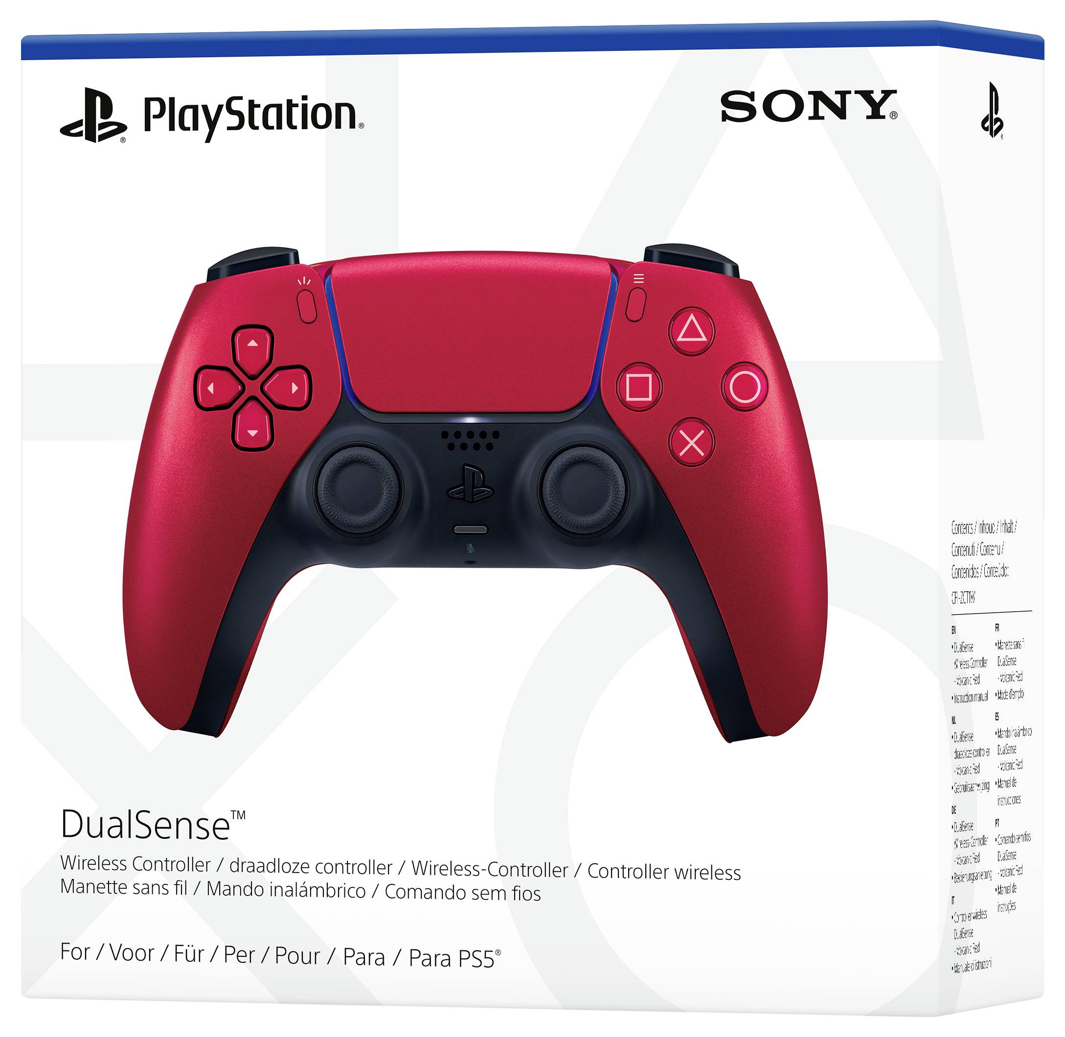 Rote PlayStation DualSense Wireless-Controller-Verpackung mit schwarzem Druck. Enthält Controller-Kompatibilitätshinweise für PS5.