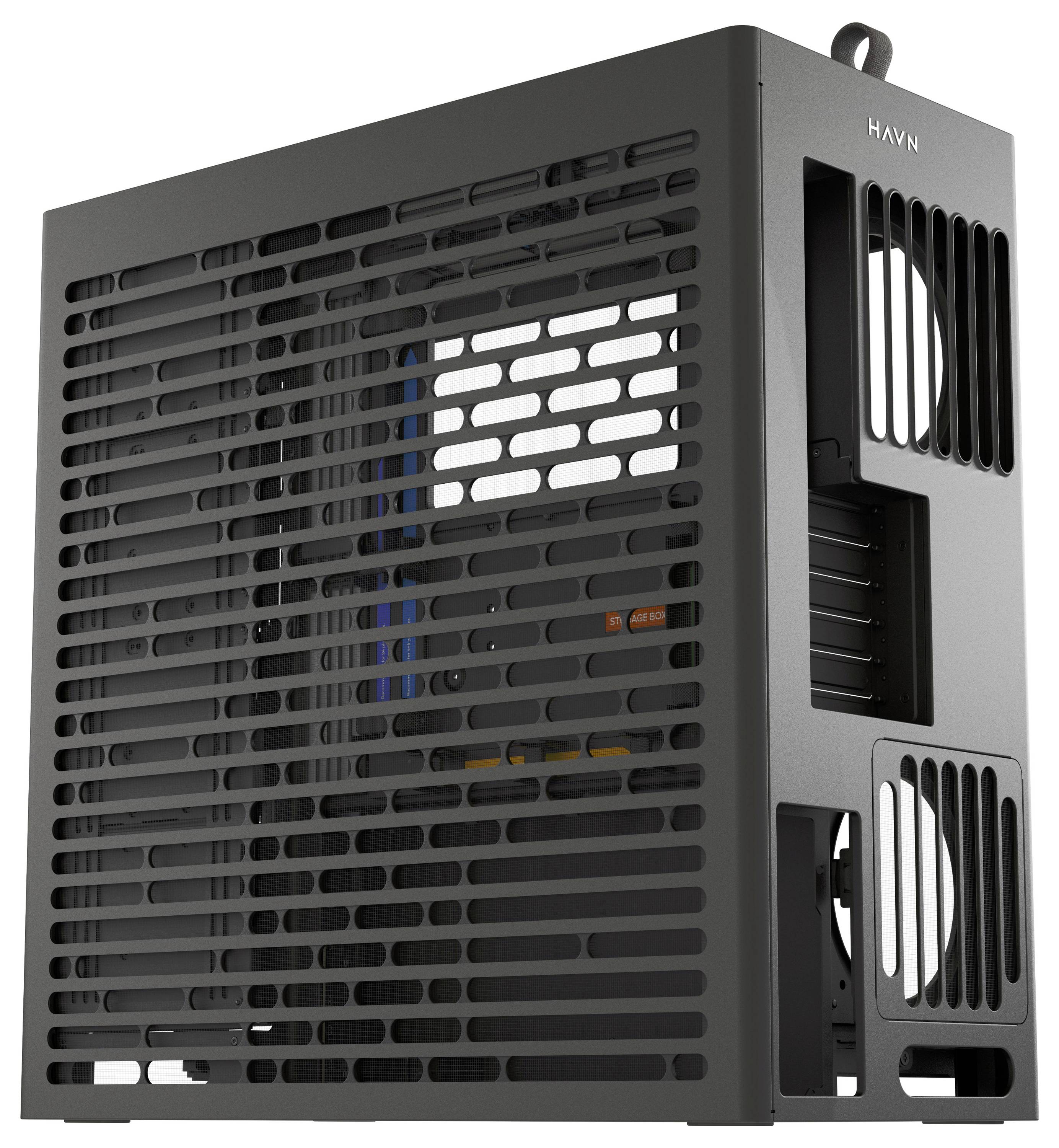 Schwarzes Mini-ITX-Gehäuse mit Lüftungsgittern an den Seiten und oben und Markenaufdruck 'HAVN' über einer Kante.