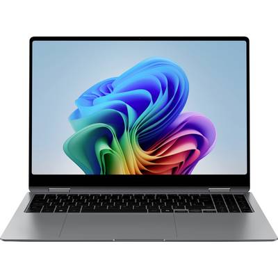 Ein Laptop mit einem farbenfrohen, abstrakten Hintergrund auf dem Bildschirm. Der Laptop ist geöffnet und zeigt die Tastatur und das Display.