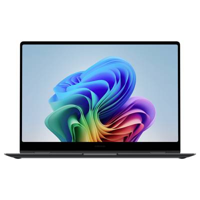Ein Laptop zeigt ein farbenfrohes, abstraktes Hintergrundbild mit geschwungenen Formen auf dem Bildschirm.