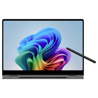 Ein Laptop mit einem digitalen Stift daneben zeigt einen abstrakten, bunten Hintergrund auf seinem Bildschirm.
