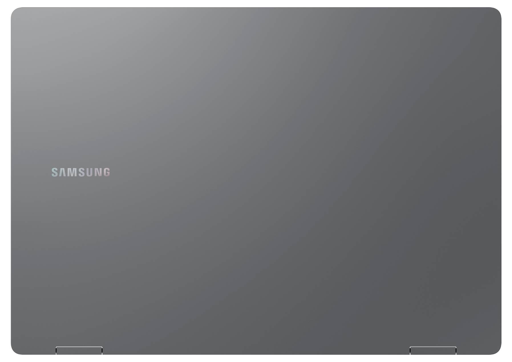 Grauer Samsung-Laptop von oben, geschlossen. Das Logo ist in der oberen linken Ecke sichtbar.