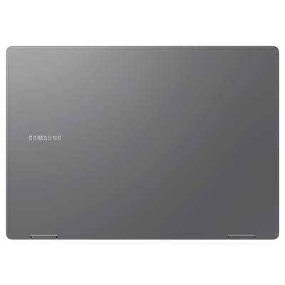 Grauer Samsung-Laptop von oben, geschlossen. Das Logo ist in der oberen linken Ecke sichtbar.
