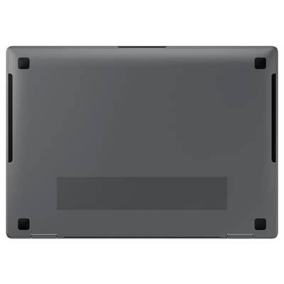 Die Unterseite eines grauen Laptops, mit schwarzen Gummifüßen an den Ecken und einem Lüftungsgitter in der Mitte.