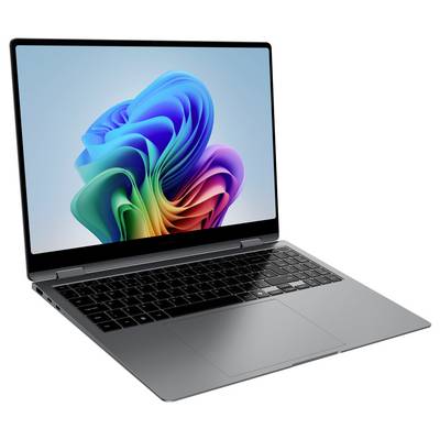 Silberner Laptop mit schwarzer Tastatur. Auf dem Bildschirm ist eine bunte, abstrakte Grafik vor blauem Hintergrund zu sehen.