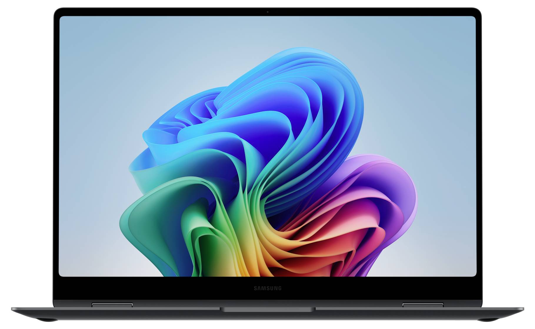 Ein Laptop mit offenem Bildschirm zeigt ein farbenfrohes abstraktes Kunstwerk, das aus verbleichten Kurven und Formen besteht.