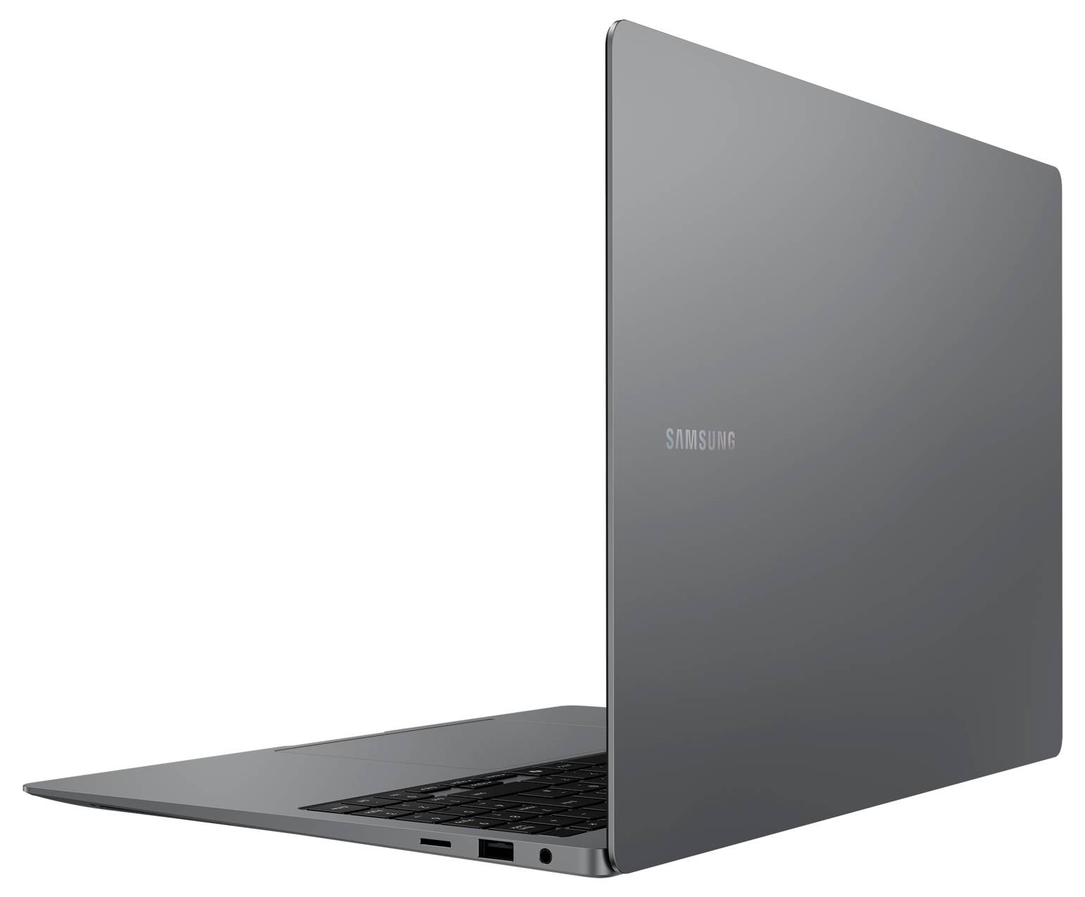 Ein schlanker, grauer Samsung-Laptop von der Seite, zeigt den Markenlogo und mehrere Anschlüsse.